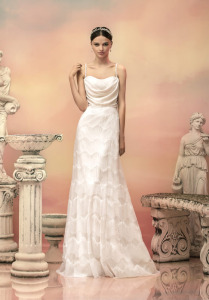Style #1505, sequin fit and flare wedding dress with draped bodice, available in white and ivory
