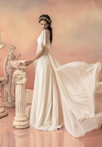 Style #1509, chiffon sheath wedding dress with draped sleeves, available in ivory