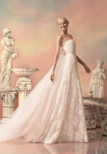 Style #1513L, blush lace a-line wedding gown with removable tulle train, available in white, ivory and pink