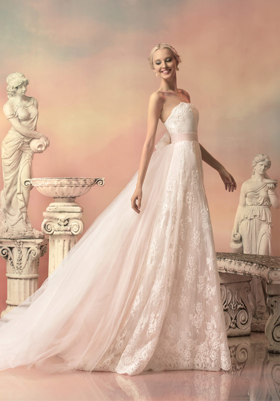 Style #1513L, blush lace a-line wedding gown with removable tulle train, available in white, ivory and pink