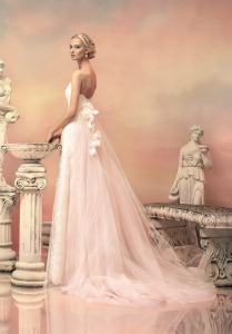 Style #1513L, blush lace a-line wedding gown with removable tulle train, available in white, ivory and pink