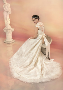 Style #1514L, lace a-line wedding dress with beaded neckline, available in white