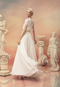 Style #1516, chiffon a-line wedding dress with floral blouse bodice, available in white and ivory