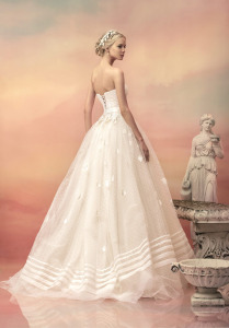 Style #1517, strapless ball gown wedding dress with floral applique details, available in white and ivory