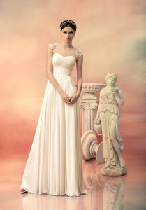 Style #1518L, a-line chiffon wedding dress with floral applique shoulder detail, available in white and ivory