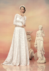 Style #1520L, long sleeve lace a-line wedding dress with illusion back, available in white and ivory