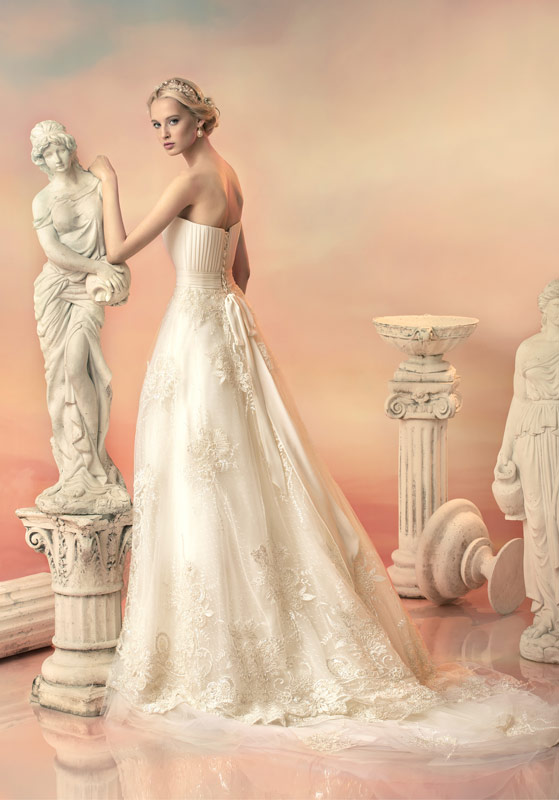 Style #1524L, lace a-line wedding gown with pleated bodice, available in white and ivory