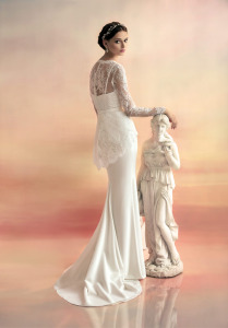Style #1525L, chiffon sheath wedding dress with lace peplum blouse, available in white and ivory