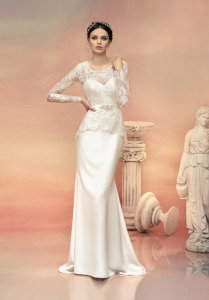 Style #1525L, chiffon sheath wedding dress with lace peplum blouse, available in white and ivory