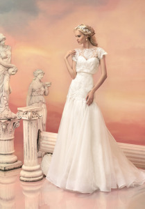 Style #1527, a-line wedding dress with lace cap sleeved bodice, available in white and ivory