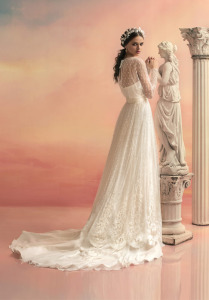 Style #1528L, a-line wedding dress with lace blouson top, available in ivory