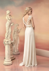 Style #1532, draped sheath wedding dress with illusion panels and floral appliques, available in white and ivory