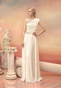 Style #1532, draped sheath wedding dress with illusion panels and floral appliques, available in white and ivory