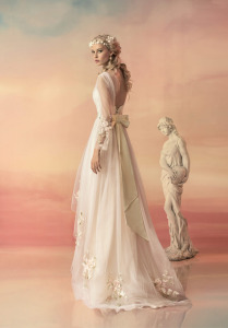 Style #1537, vintage inspired tulle long sleeve wedding dress with floral appliques, available in white, ivory and pink