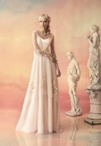 Style #1537, vintage inspired tulle long sleeve wedding dress with floral appliques, available in white, ivory and pink