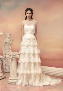 Style #1538L, a-line wedding dress with lace tiered skirt, available in white and ivory