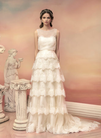 Style #1538L, a-line wedding dress with lace tiered skirt, available in white and ivory