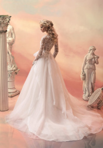 Style #1539L, blush ball gown with beaded lace long sleeve bodice, available in white, ivory and pink
