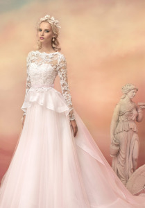 Style #1539L, blush ball gown with beaded lace long sleeve bodice, available in white, ivory and pink