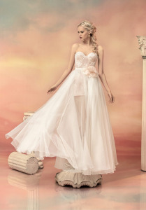 Style #1541, lace bustier romper with detachable skirt, available in white, ivory and black