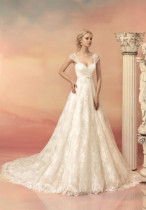 Style #1542L, a-line lace wedding gown with cap sleeves and belt, available in white and ivory