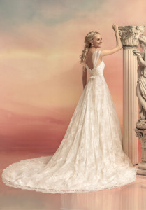 Style #1542L, a-line lace wedding gown with cap sleeves and belt, available in white and ivory