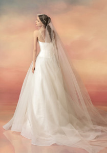 Style #1543L, a-line chiffon wedding dress with draped bodice, available in white and ivory