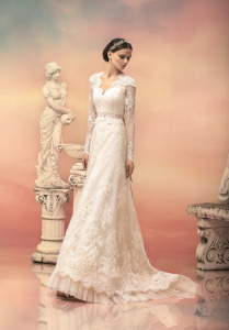 Style #1544L, v-neck lace a-line wedding gown with sash, available in ivory