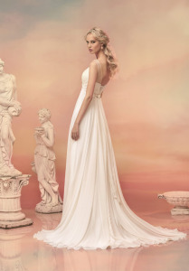 Style #1546L, chiffon a-line wedding dress with ruched bodice and beaded straps, available in white and ivory
