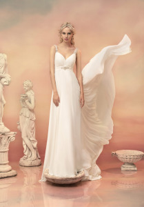 Style #1546L, chiffon a-line wedding dress with ruched bodice and beaded straps, available in white and ivory