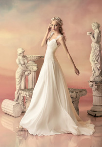 Style #1547L, chiffon a-line wedding dress with ruched bodice and beaded keyhole back, available in white and ivory