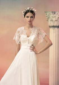 Style #1549L, a-line chiffon wedding dress with long train and separate lace cap sleeve bolero, available in white and ivory
