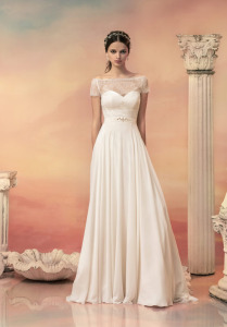 Style #1549L, a-line chiffon wedding dress with embroidered belt and separate off the shoulder sleeve bolero, available in white and ivory