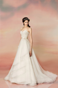 Style #1551L, sweetheart neckline lace and organza wedding dress, available in light ivory