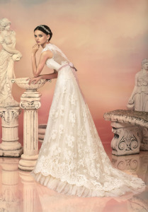 Style #1552L, v-neck lace a-line wedding dress with sash, available in white and light ivory