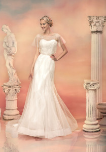 Style #1554L, beaded tulle fit and flare wedding dress, available in white and light ivory
