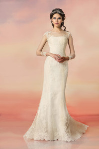 Style #1561b, fit and flare lace wedding dress with illusion back, available in white and light ivory