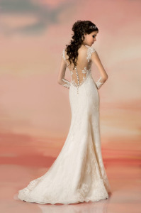 Style #1561b, fit and flare lace wedding dress with illusion back, available in white and light ivory