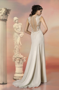 Style #1562, sheath wedding dress with lace bodice and illusion back, available in light ivory