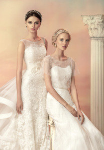 Style #1554L, beaded tulle fit and flare wedding dress, available in white and light ivory; Style #1501, fit and flare lace sequin wedding dress with removable train, available in ivory