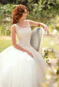 Style #1401, lace and mesh ball gown wedding dress, available in white and ivory