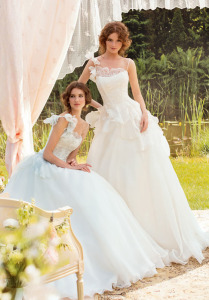 Style #1402, organza ball gown wedding dress with lace accents, available in white and ivory