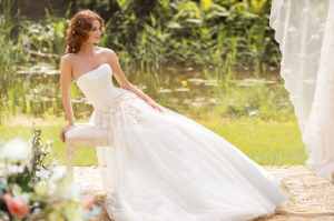 Style #1405, strapless ball gown wedding dress with beaded embroidery, available in white and ivory