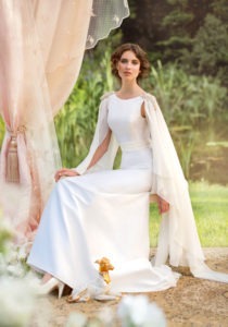 Style #1407, taffeta sheath wedding dress with chiffon sleeves , available in white and ivory