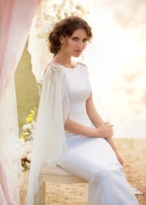 Style #1407, taffeta sheath wedding dress with chiffon sleeves , available in white and ivory