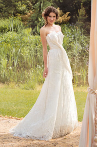 Style #1410, beaded strapless lace wedding gown with organza bow detail, available in white and ivory
