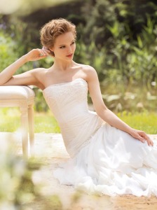 Style #1412, chiffon fit and flare ruffled wedding dress, available in ivory