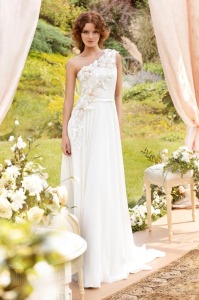Style #1414, one shoulder sheath wedding dress with floral appliques, available in ivory