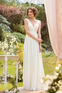 Style #1419, chiffon sheath wedding dress with beaded lace bodice, available in ivory