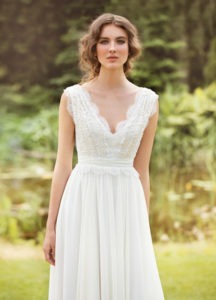 Style #1419, chiffon sheath wedding dress with beaded lace bodice, available in ivory